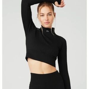 Alo Yoga Seamless Cable Knit Long Sleeve Cropped Black Top Size Small